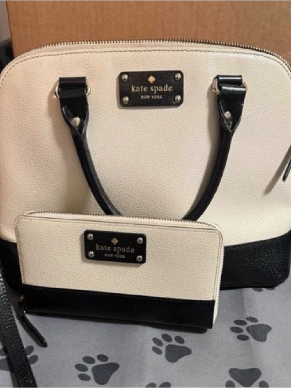 kate spade Two-Tone Cream and Black Leather Satchel with Matching Wallet